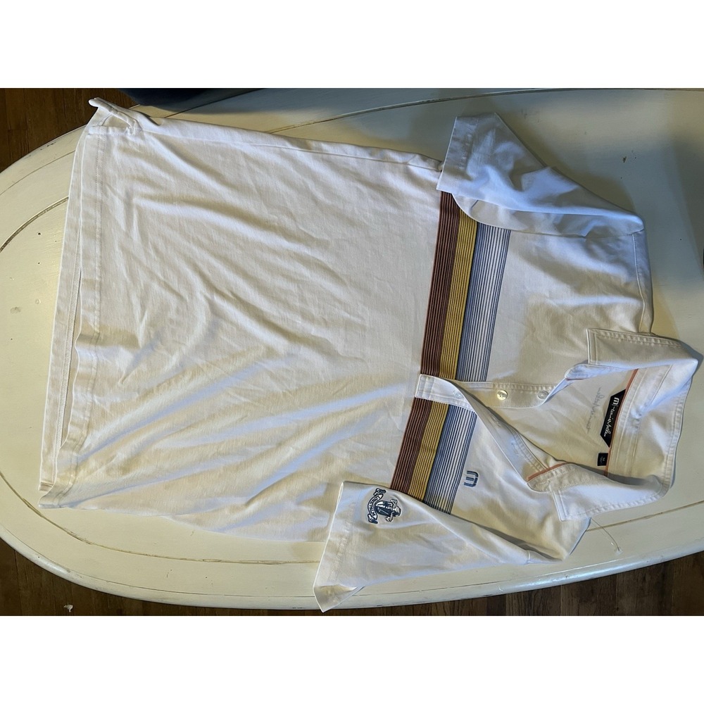 Travis Mathew Mens White Polo Sz M Striped Golf Performance Stretch Casual Shirt